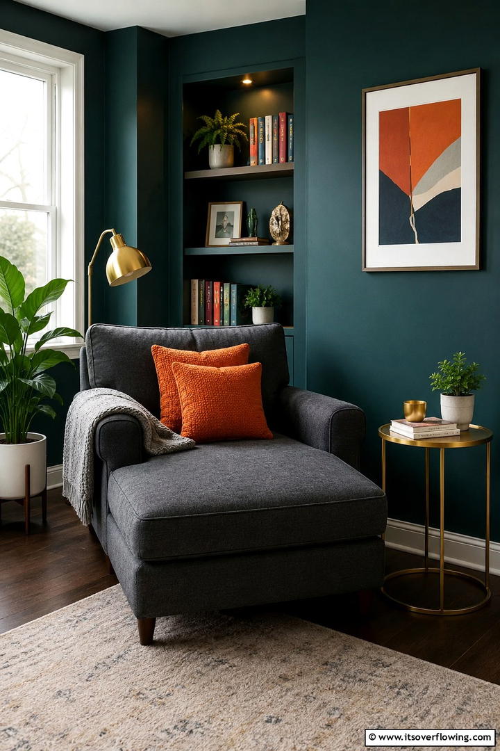 Cozy Teal Lounge with Orange Throw Pillows - 30 Teal & Orange Room Color Schemes for Vibrant Home Decor