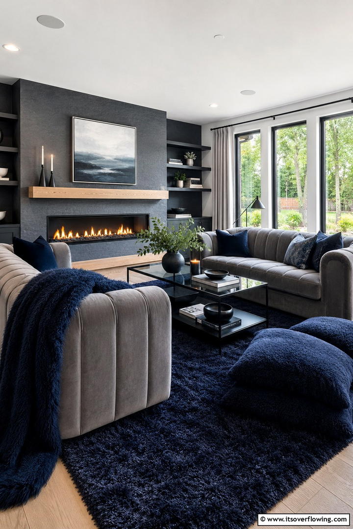 Cozy Textiles in Navy and Grey - 30 Navy Blue and Grey Living Room Ideas for Sophisticated Style