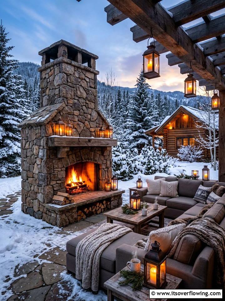 Cozy Winter Fireplace - 25 backyard decorating ideas with seasonal decor