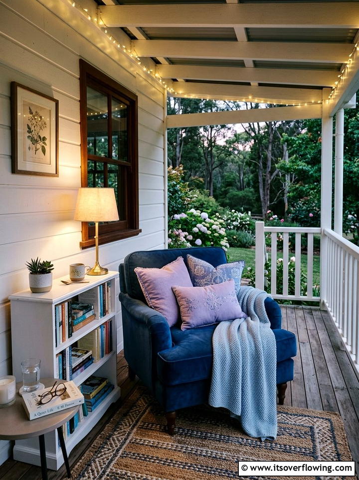 Cozy reading nook on porch with plush pillows - 25 front porch decor ideas with pillows