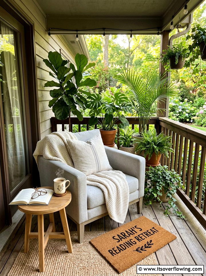Cozy reading nook porch - 25 front porch ideas with personalized mat