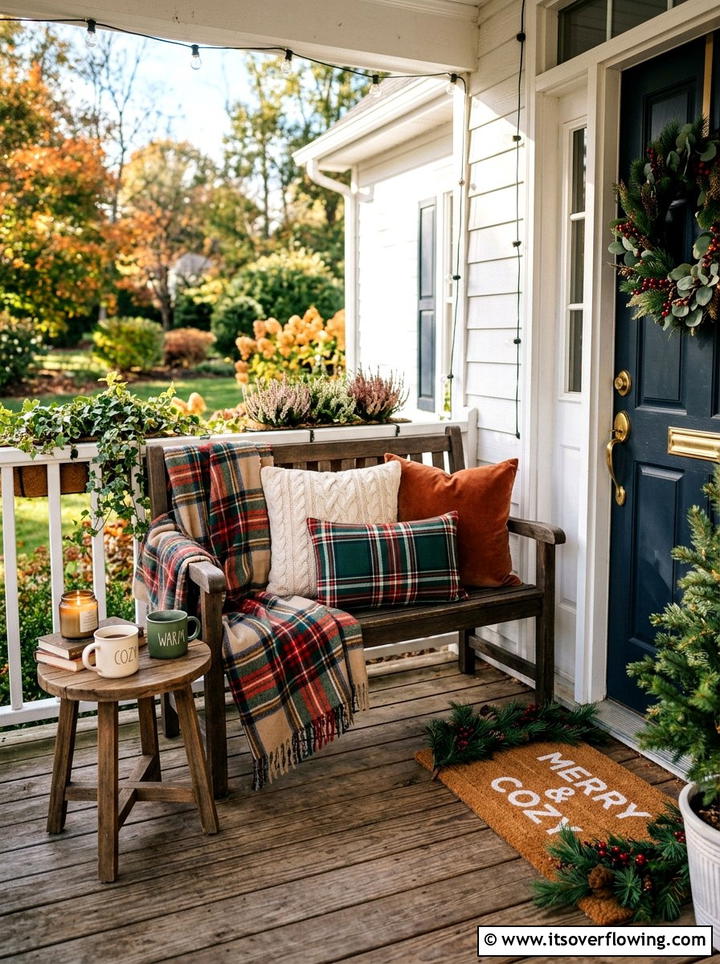 Cozy seating area on porch - 25 front porch ideas with holiday doormat