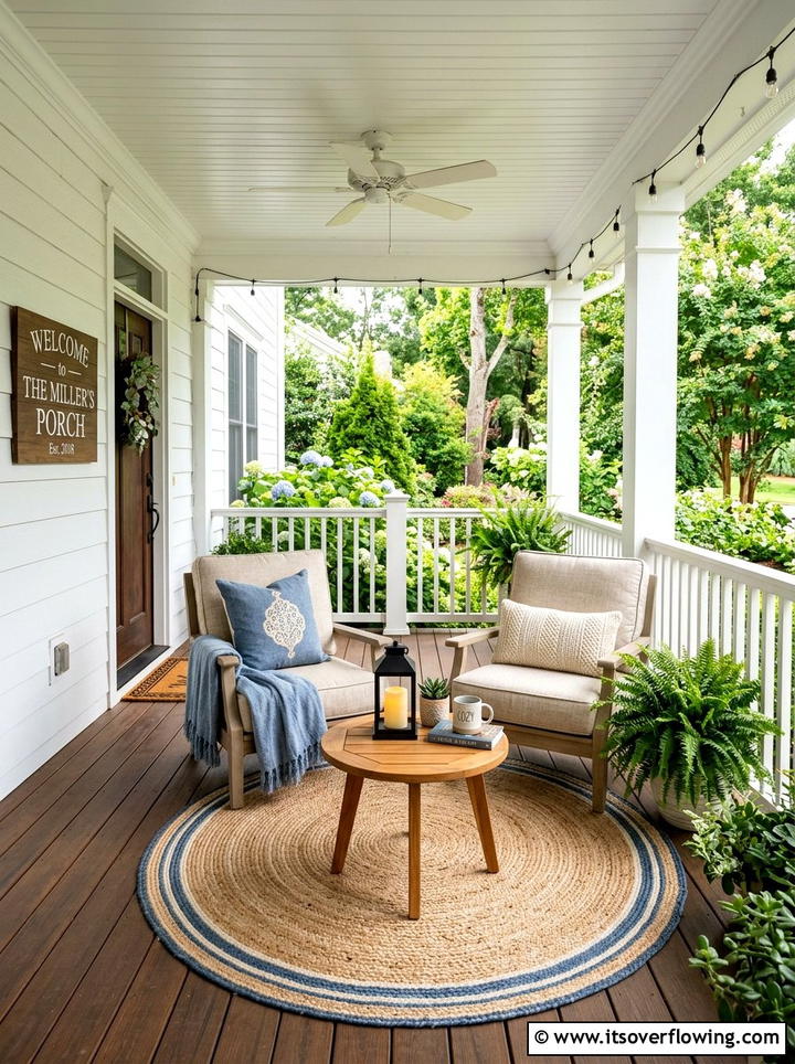 Cozy seating area porch - 25 front porch decor ideas with personalized welcome sign