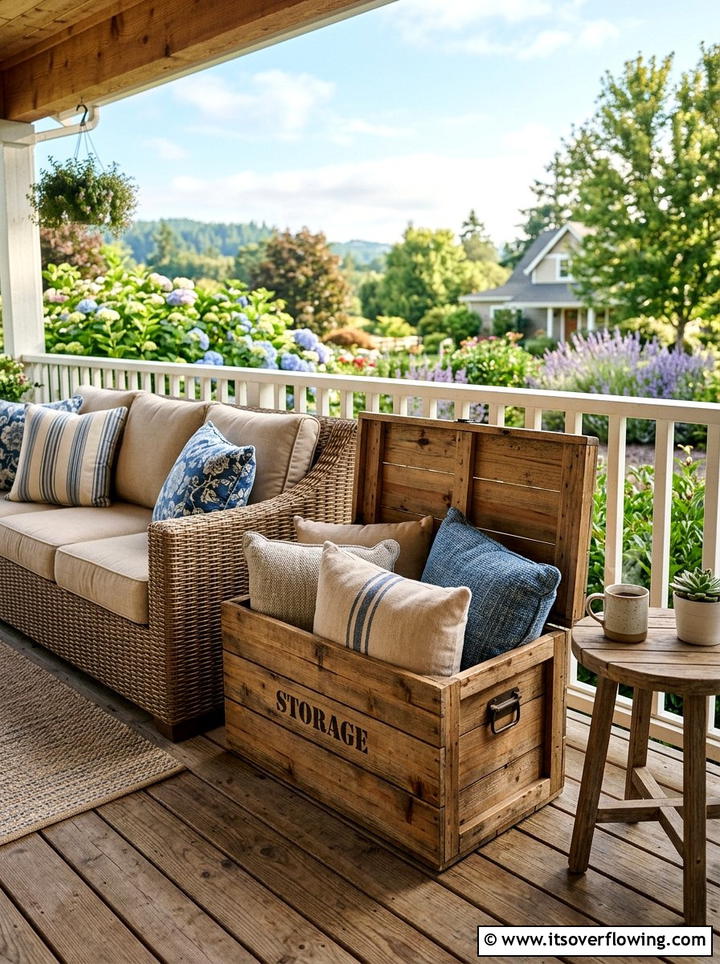 Crate Pillow Storage Box - 25 front porch ideas with crate decor