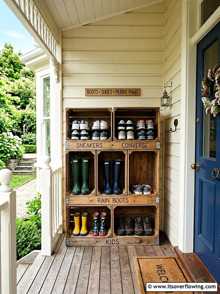 Crate Shoe Storage Entryway - 25 front porch ideas with crate decor