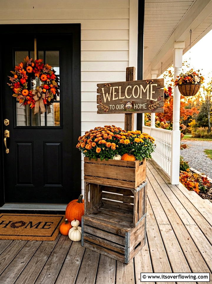 Crate Welcome Sign Stand - 25 front porch ideas with crate decor