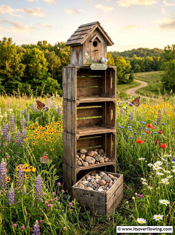 Crate birdhouse stand - 25 garden ideas with old crates
