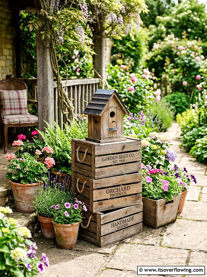 Crate birdhouse stand - 25 front porch decor ideas with vintage crates