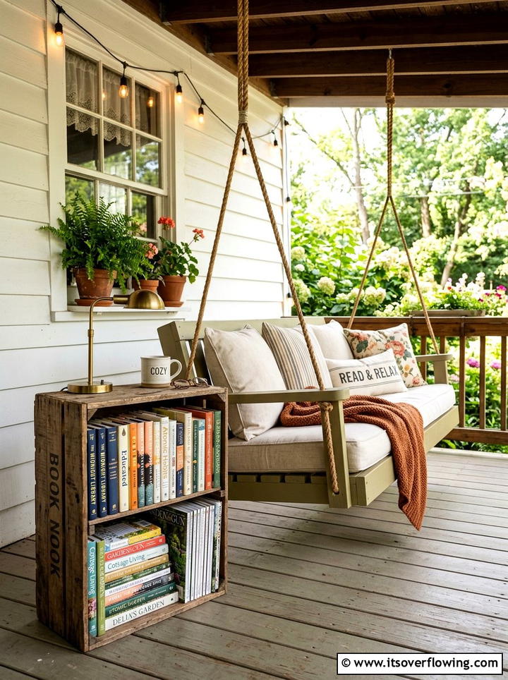 Crate book nook - 25 front porch decor ideas with vintage crates