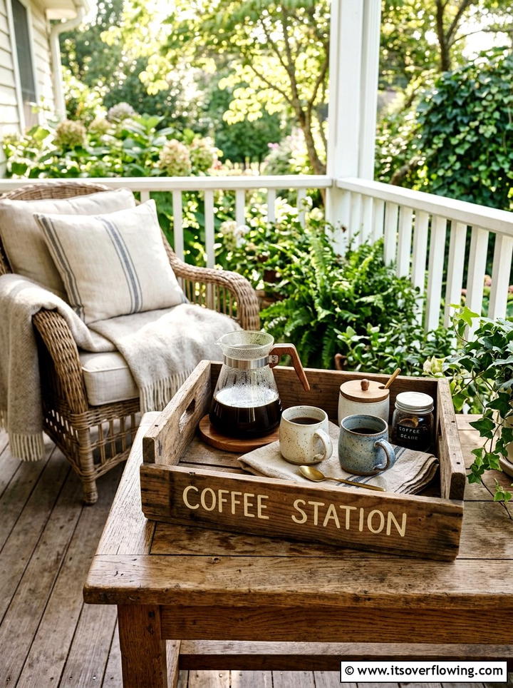 Crate coffee station - 25 front porch decor ideas with vintage crates
