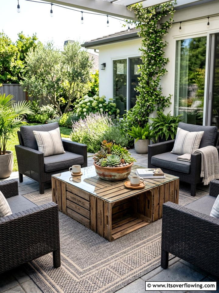Crate garden coffee table - 25 garden ideas with old crates