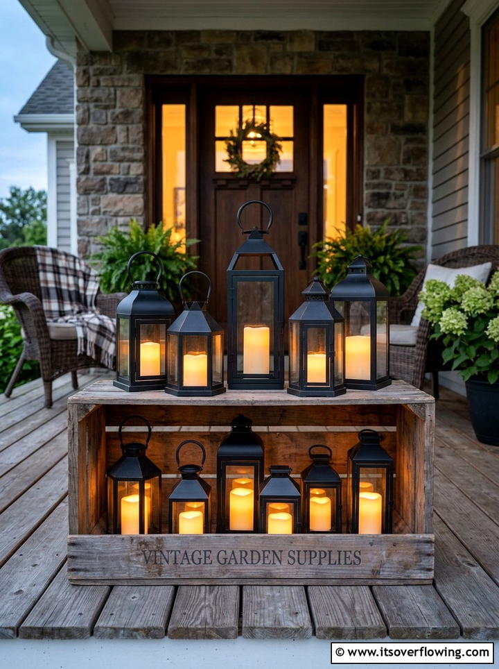 Crate lantern display - 25 front porch decor ideas with vintage crates