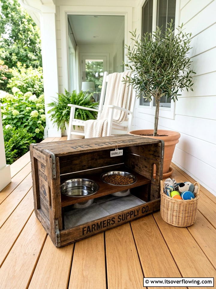 Crate pet station - 25 front porch decor ideas with vintage crates