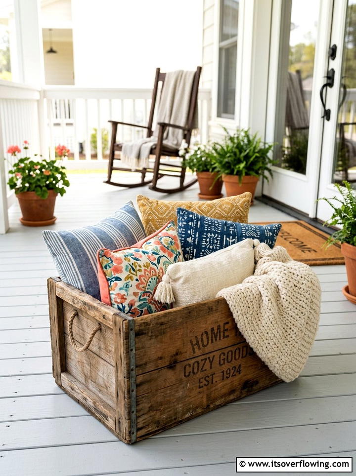 Crate pillow basket - 25 front porch decor ideas with vintage crates