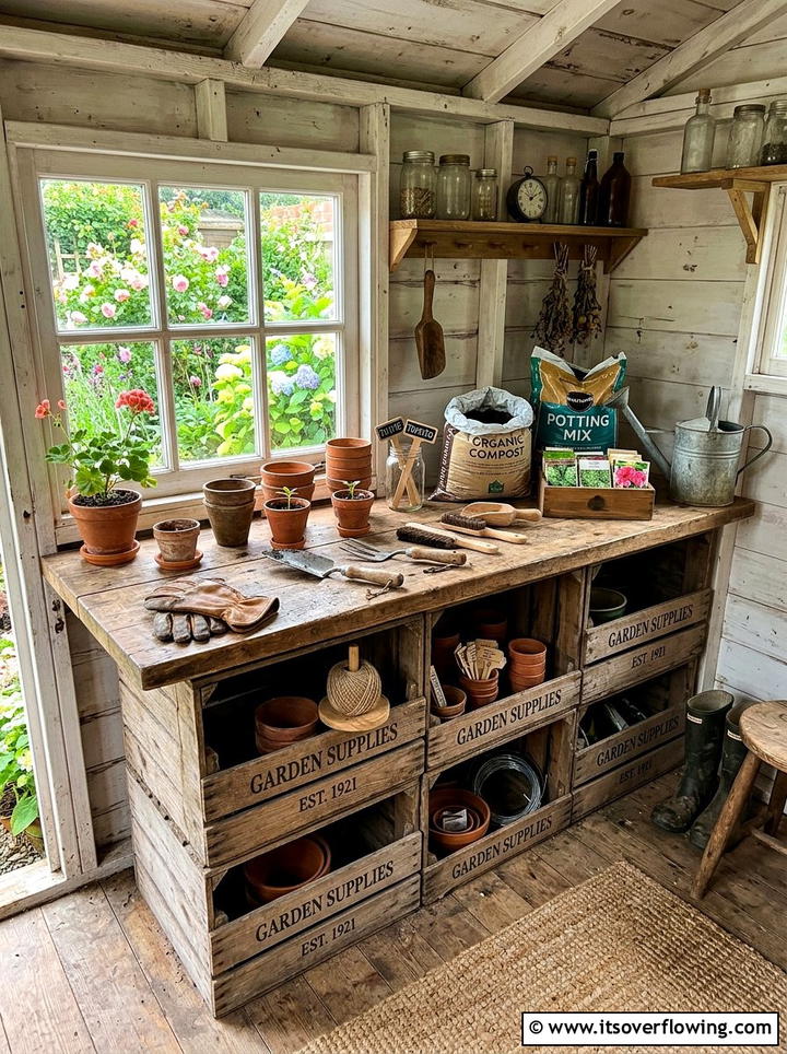 Crate potting bench - 25 garden ideas with old crates