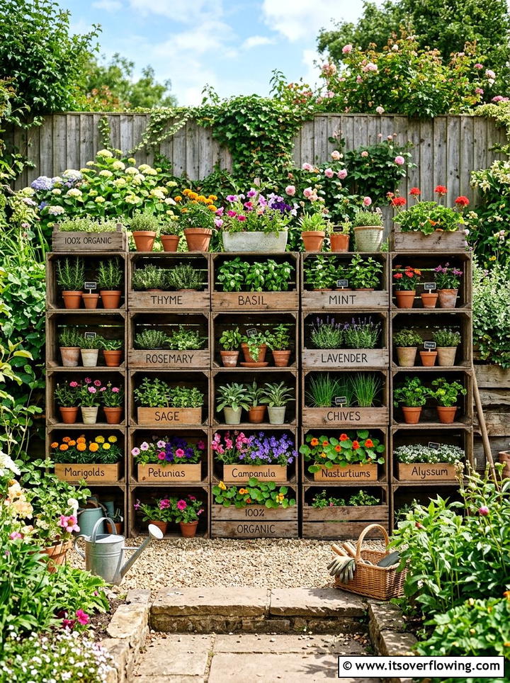Crate shelf wall - 25 recycled garden ideas with old shelves