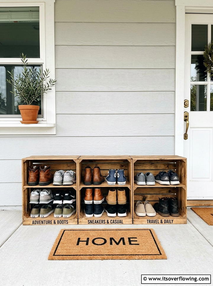 Crate shoe storage - 25 front porch decor ideas with vintage crates