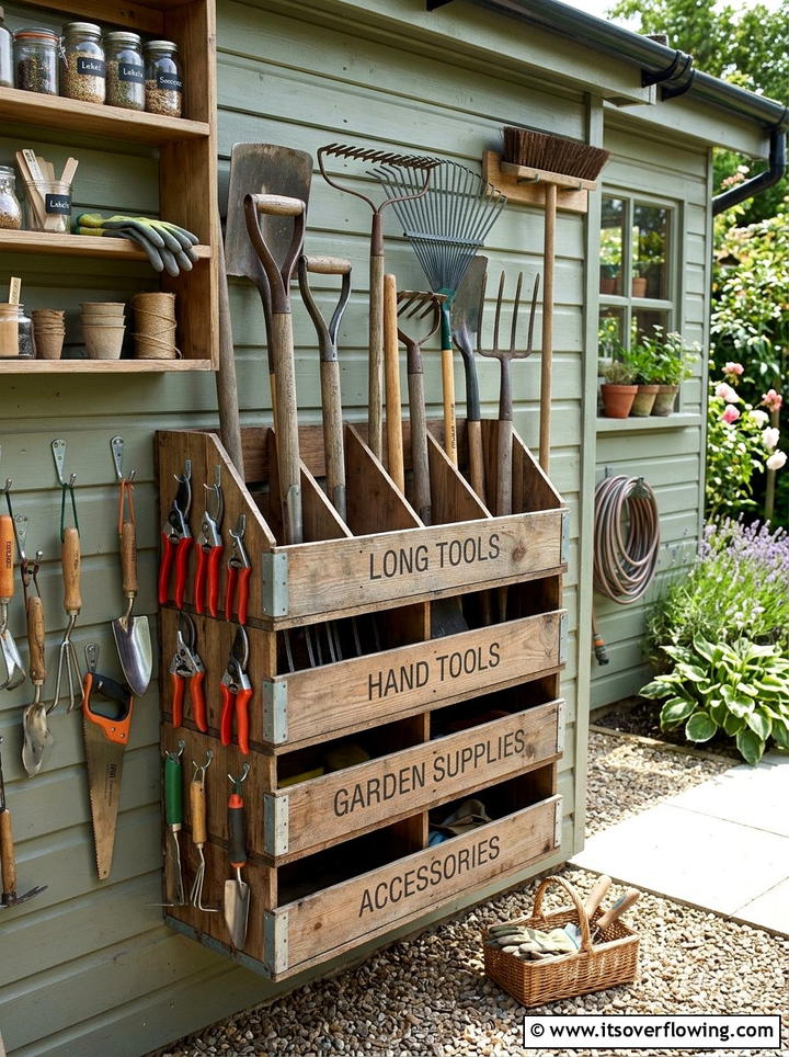 Crate tool storage rack - 25 garden ideas with old crates
