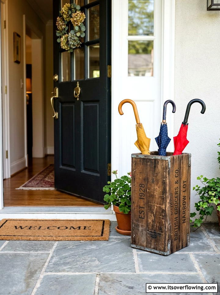Crate umbrella stand - 25 front porch decor ideas with vintage crates