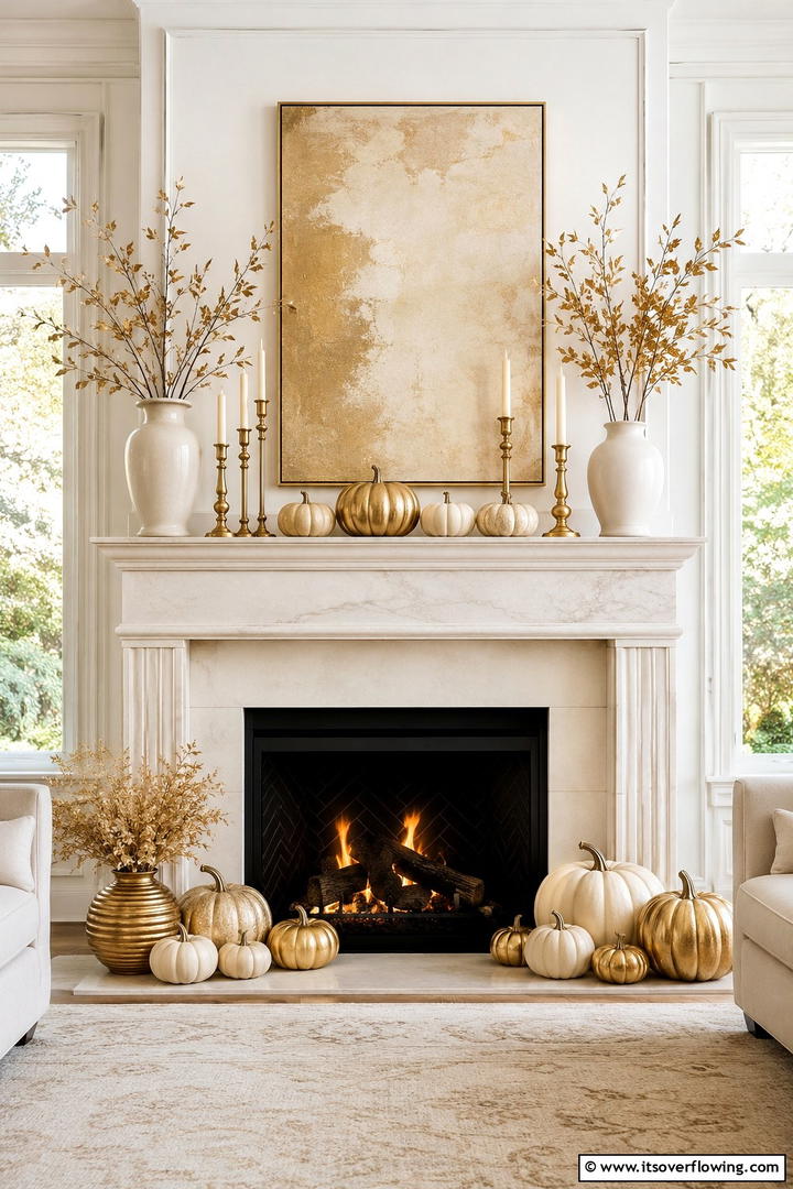 Cream and Gold Neutral Theme - 50 Fall Fireplace Decor Ideas to Warm Autumn Gatherings