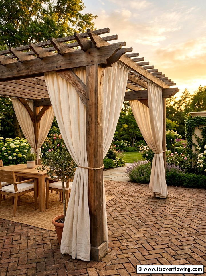 Cream outdoor curtains for wood pergola - 25 garden decor ideas with pergola curtains