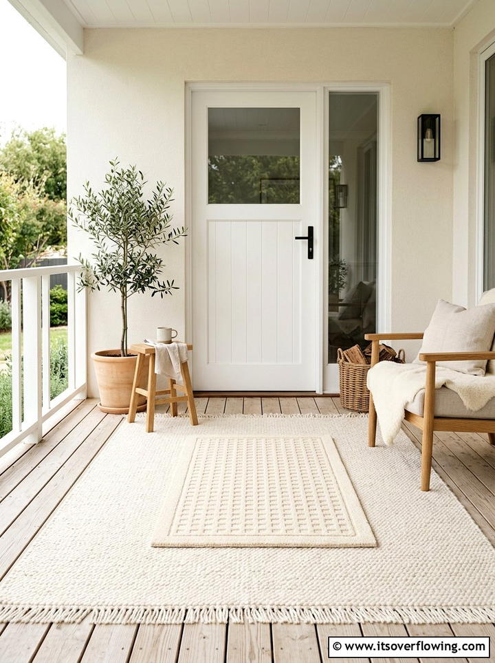 Cream textured rug with embossed mat - 25 front porch decor ideas with layered mats