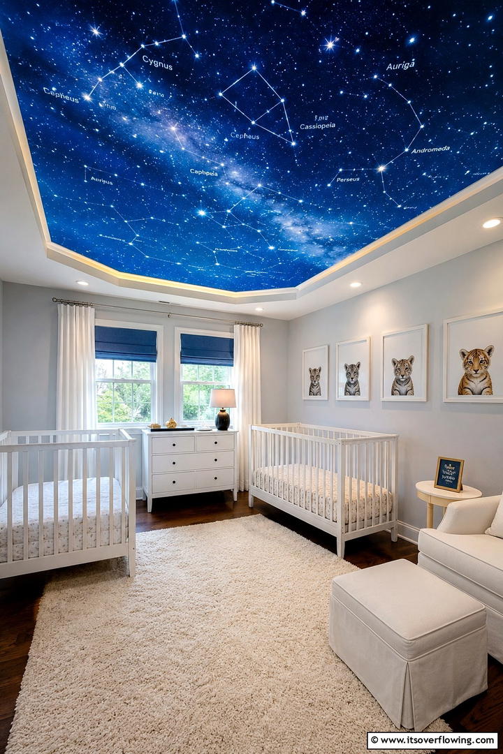 Creative Ceiling Murals - 30 Twin Nursery Ideas for Stylish & Functional Baby Spaces
