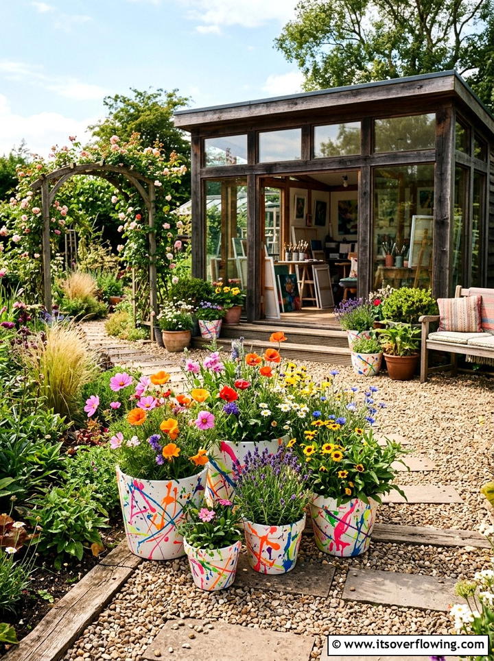 Creative studio garden with splatter pots - 25 creative garden ideas with painted planters