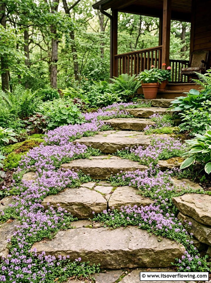 Creeping Thyme Between Porch Steps - 25 front porch ideas with drought tolerant plants
