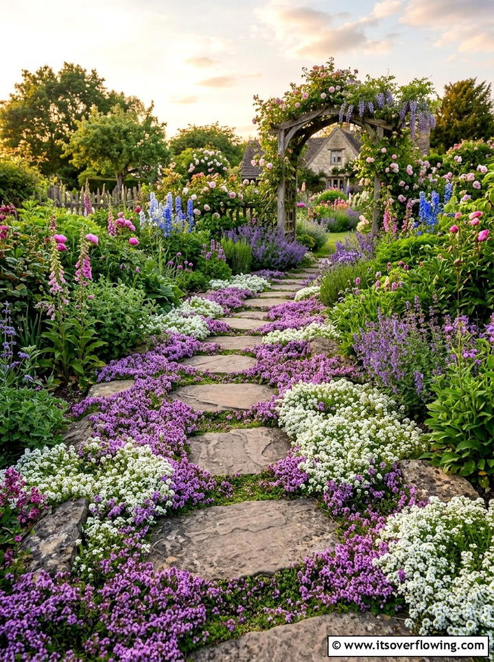 Creeping Thyme Path Design - 25 garden design ideas with herbs and flowers