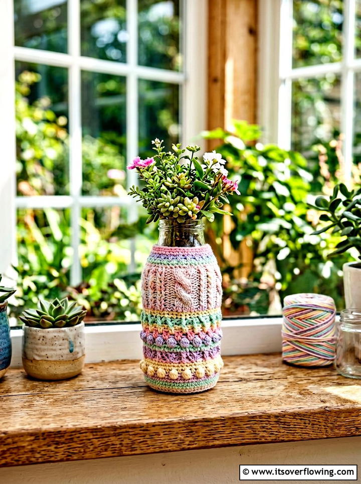 Crochet Bottle Sleeve Planter - 25 recycled garden ideas with hanging bottle planters