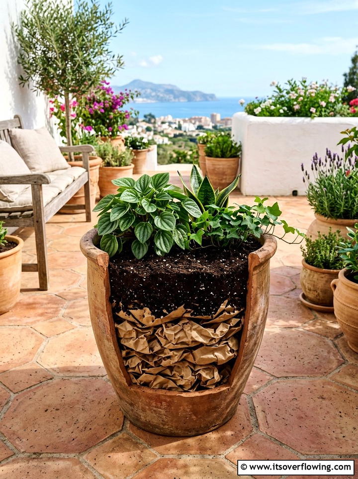 Crumpled Paper Planter Drainage - 25 recycled garden ideas with old magazines