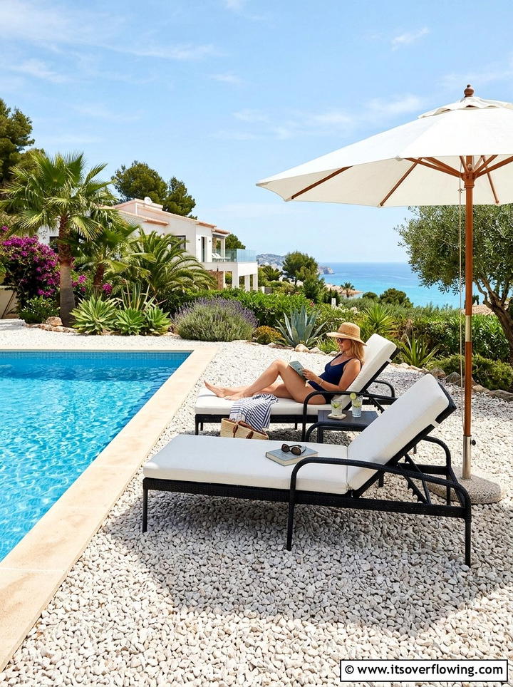 Crushed Stone Poolside Lounge - 25 backyard decorating ideas with gravel zones