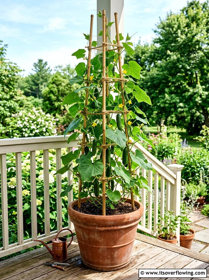 Cucumber Trellis Pots - 25 front porch ideas with edible plants