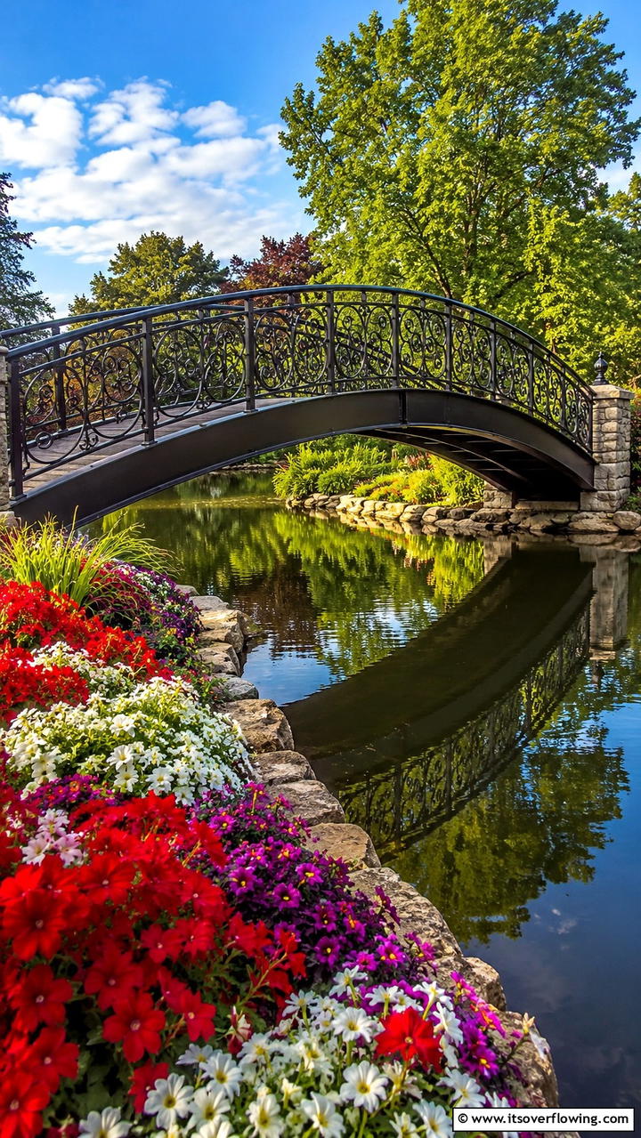 Curved Metal Bridge with Decorative Railings - 20 Garden Bridge Ideas for a Serene Backyard