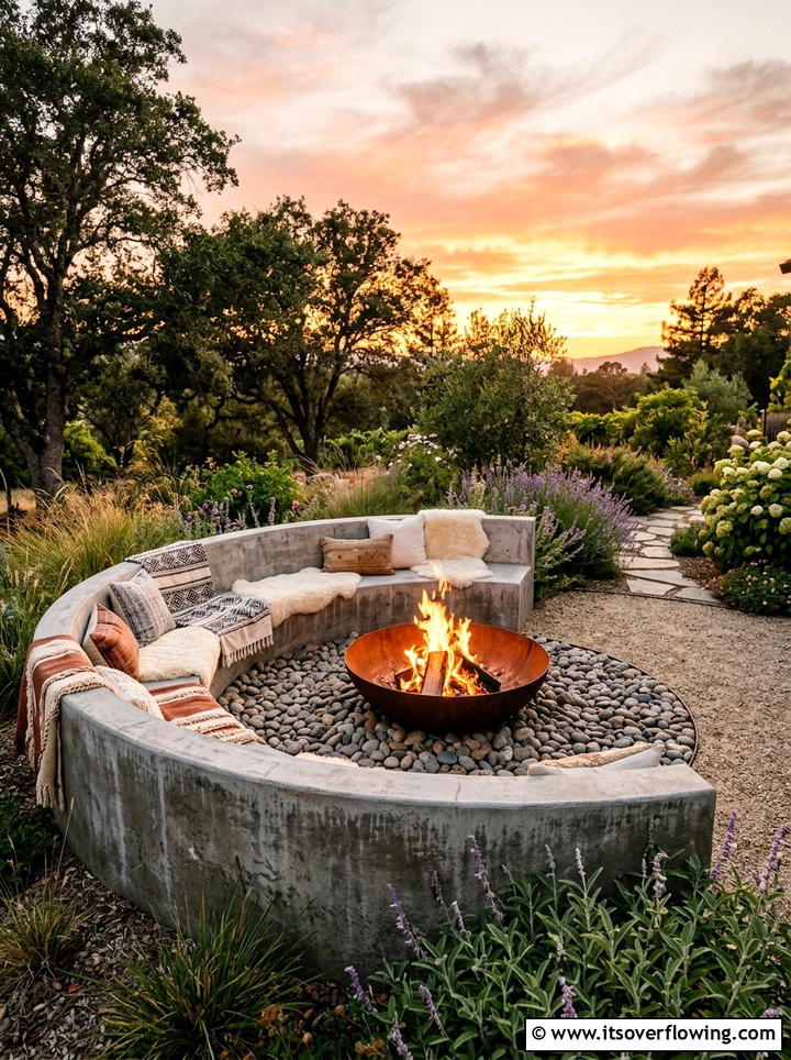 Curved concrete bench around fire bowl - 25 backyard ideas with concrete bench