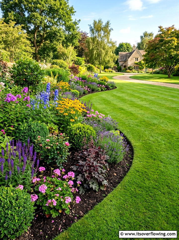 Curved flower bed border - 25 garden design ideas with asymmetry
