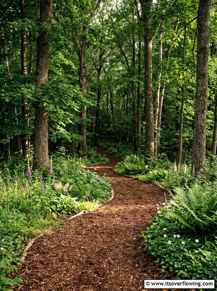 Curved mulch path - 25 backyard ideas with pathways
