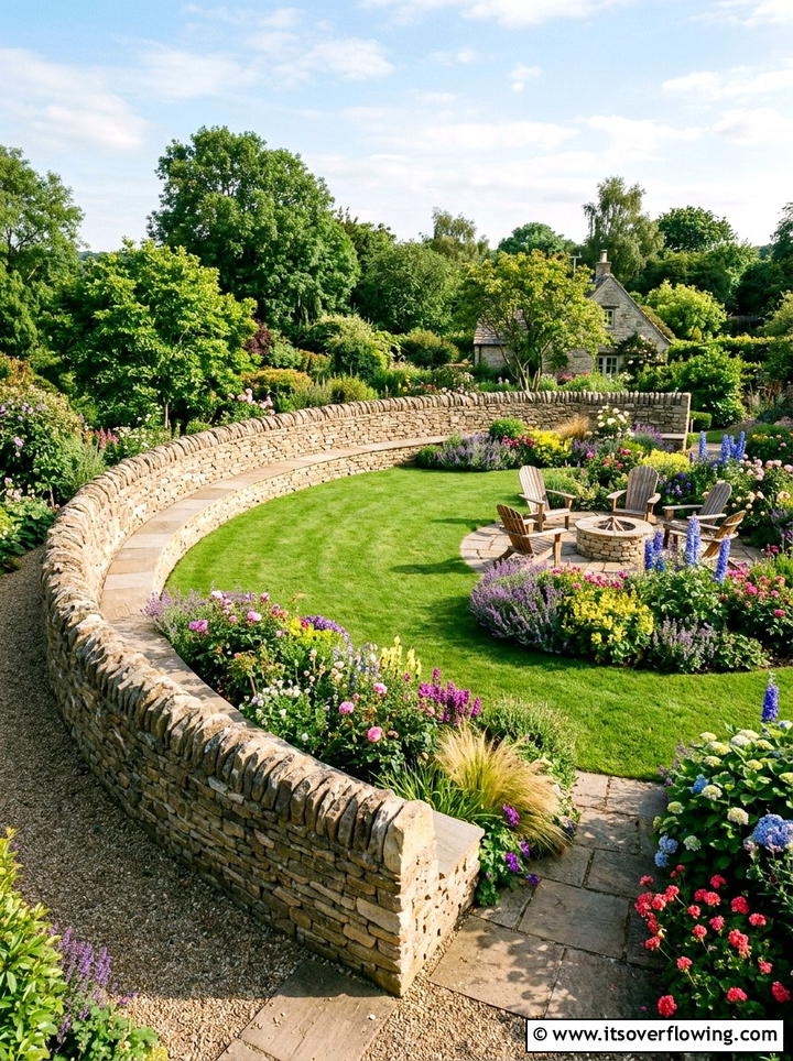 Curved stone wall seating - 25 backyard ideas with stone seating