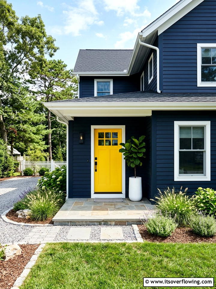 Dark Exterior With Vibrant Yellow Door - 25 front porch decor ideas with asymmetrical layout