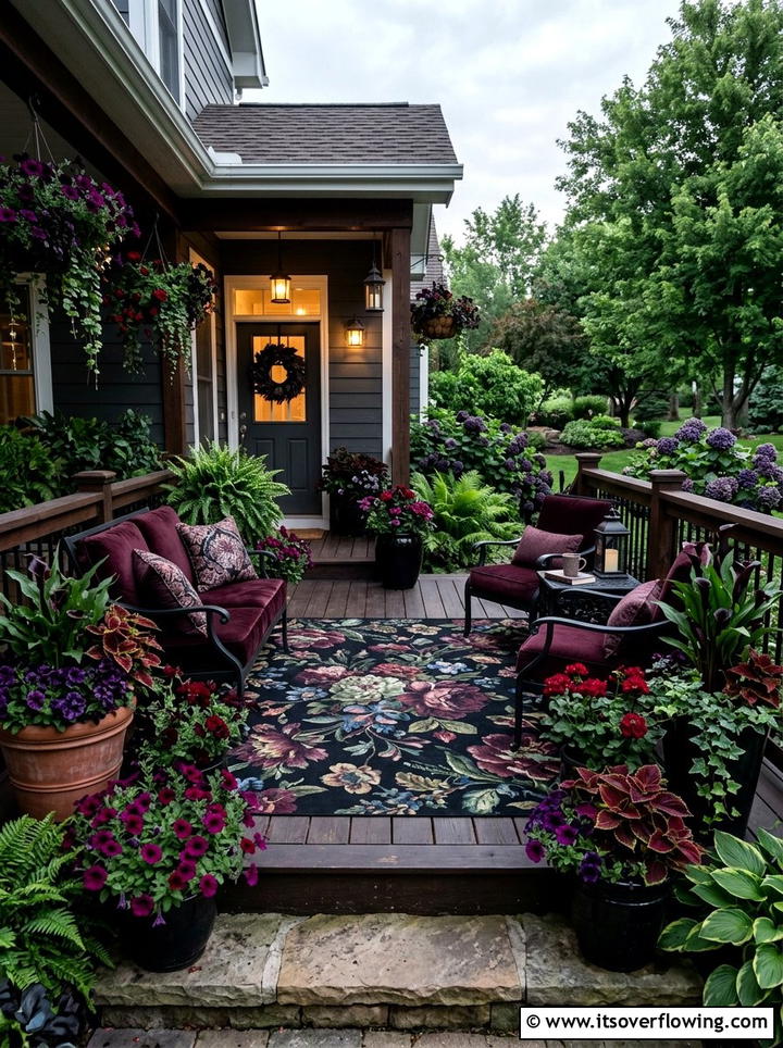 Dark Floral Front Porch - 25 front porch ideas with outdoor rug