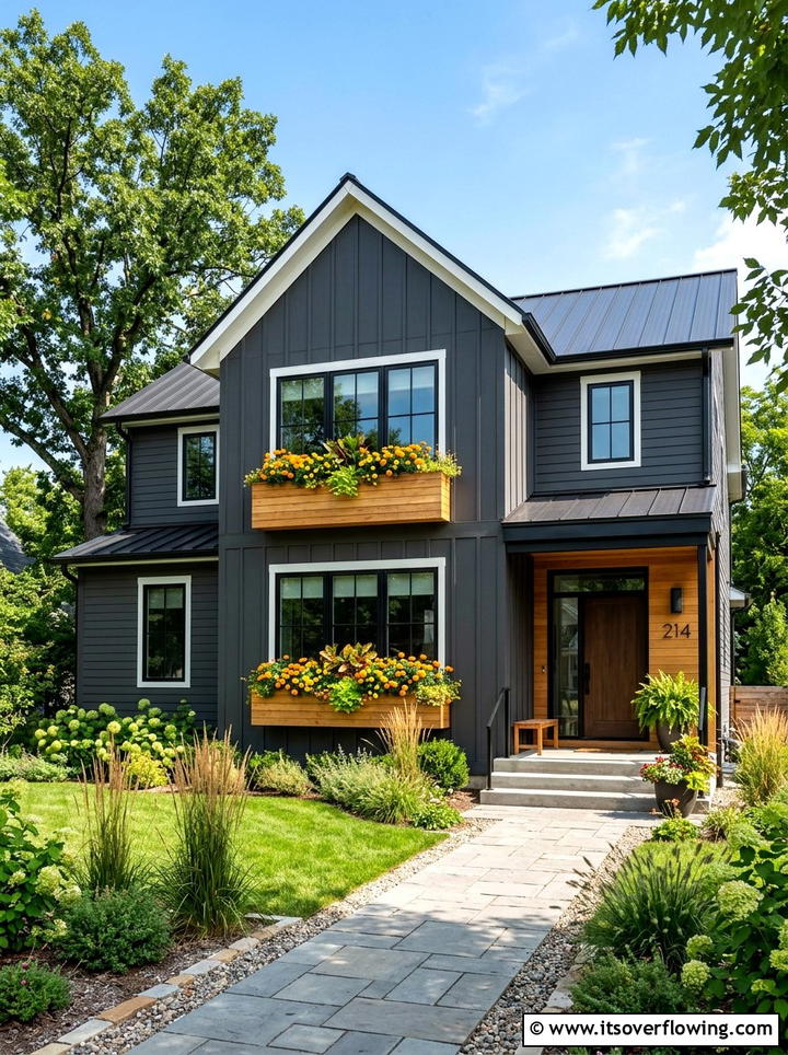 Dark Gray House - 25 front porch ideas with window boxes