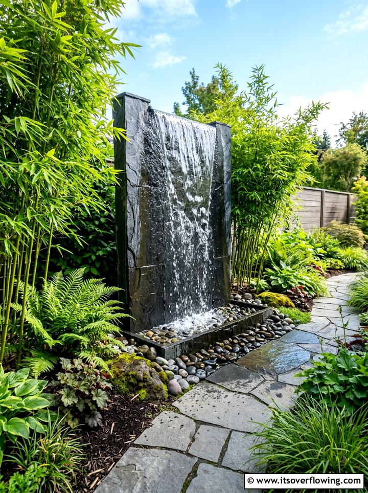 Dark Slate Water Feature - 25 garden design ideas with bold contrast