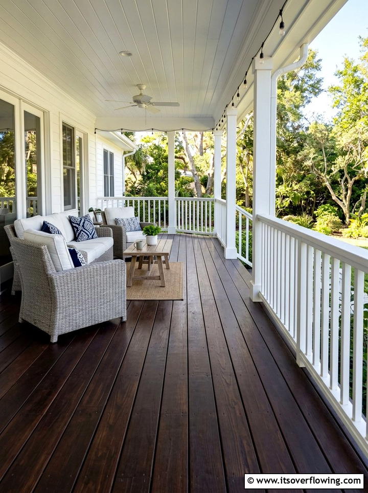 Dark wood porch floor white railing - 25 front porch ideas with wood floor