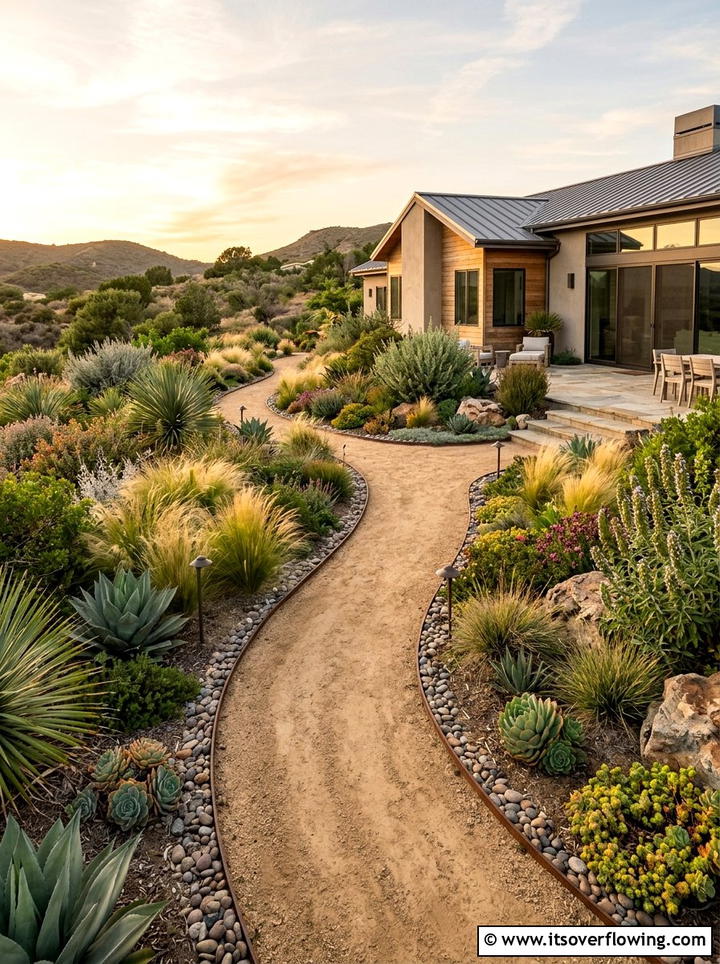 Decomposed granite path - 25 cheap garden ideas with drought tolerant plants