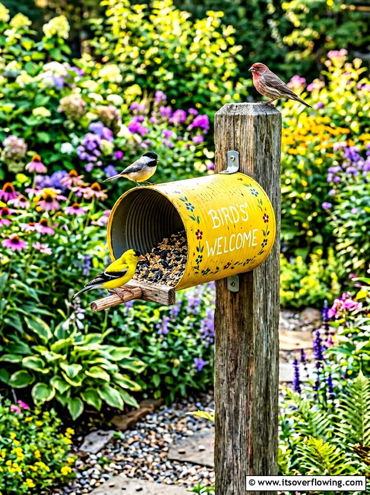 Decorative Bird Feeder - 25 upcycled garden ideas with tin cans