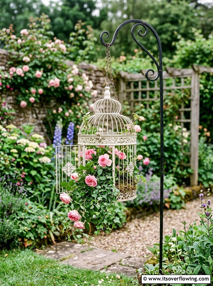 Decorative Birdcage Floral Hanger - 25 reusing old things ideas for yard art