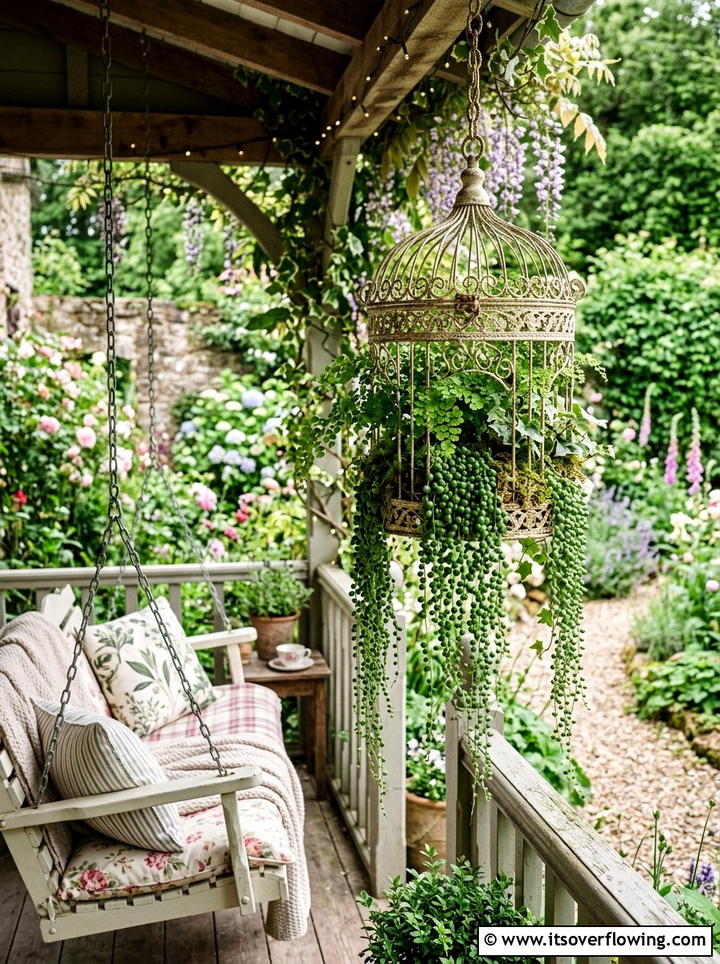 Decorative Birdcage Planter - 25 upcycled garden ideas for porches