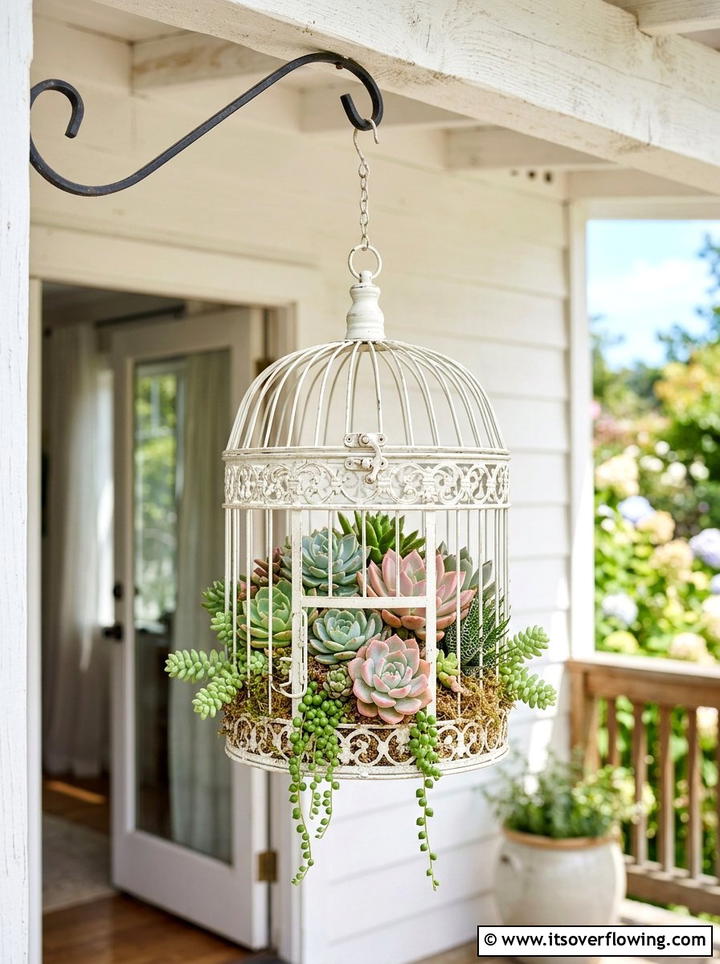 Decorative Birdcage Succulent Garden - 25 backyard ideas with upcycled decor
