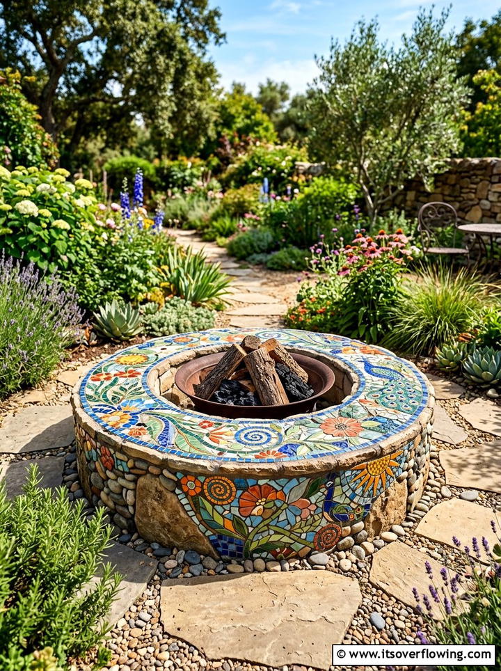 Decorative Mosaic Fire Pit Surround - 25 creative garden ideas with fire pit circles